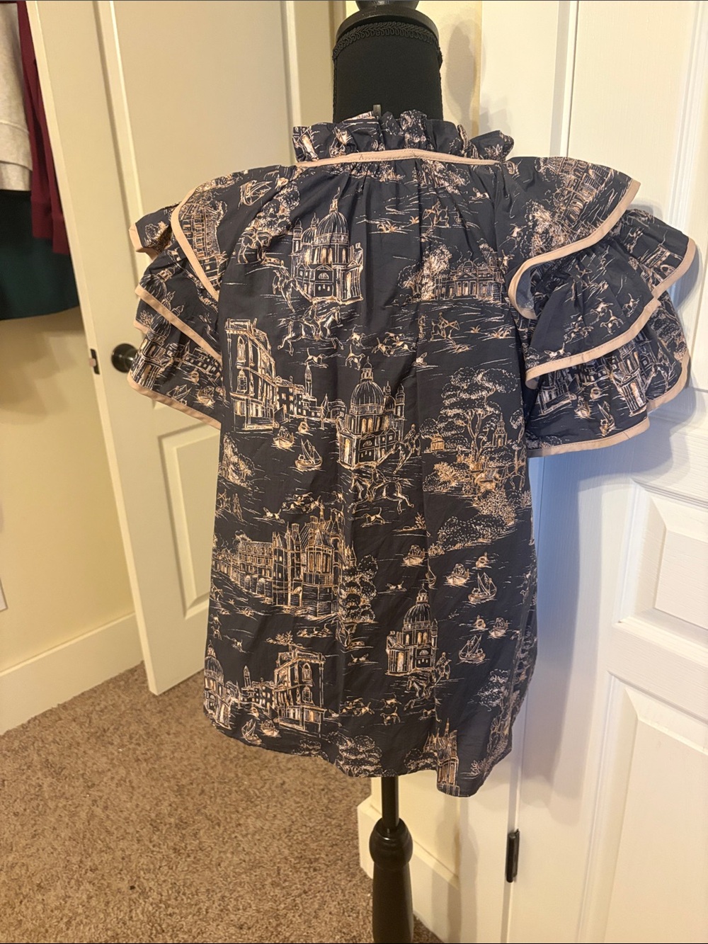 entro Navy Blue Toile Print Ruffle Tie-Front Blouse with Tan Trim - Picture 3 of 4